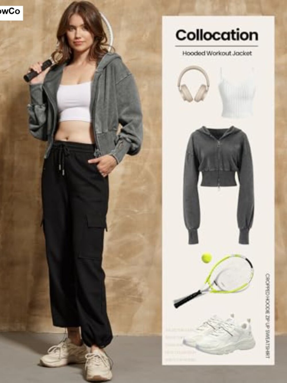 Washed Crop Zip Up Hoodie Long Sleeve Athletic Sweatshirt - Picture 6 of 6
